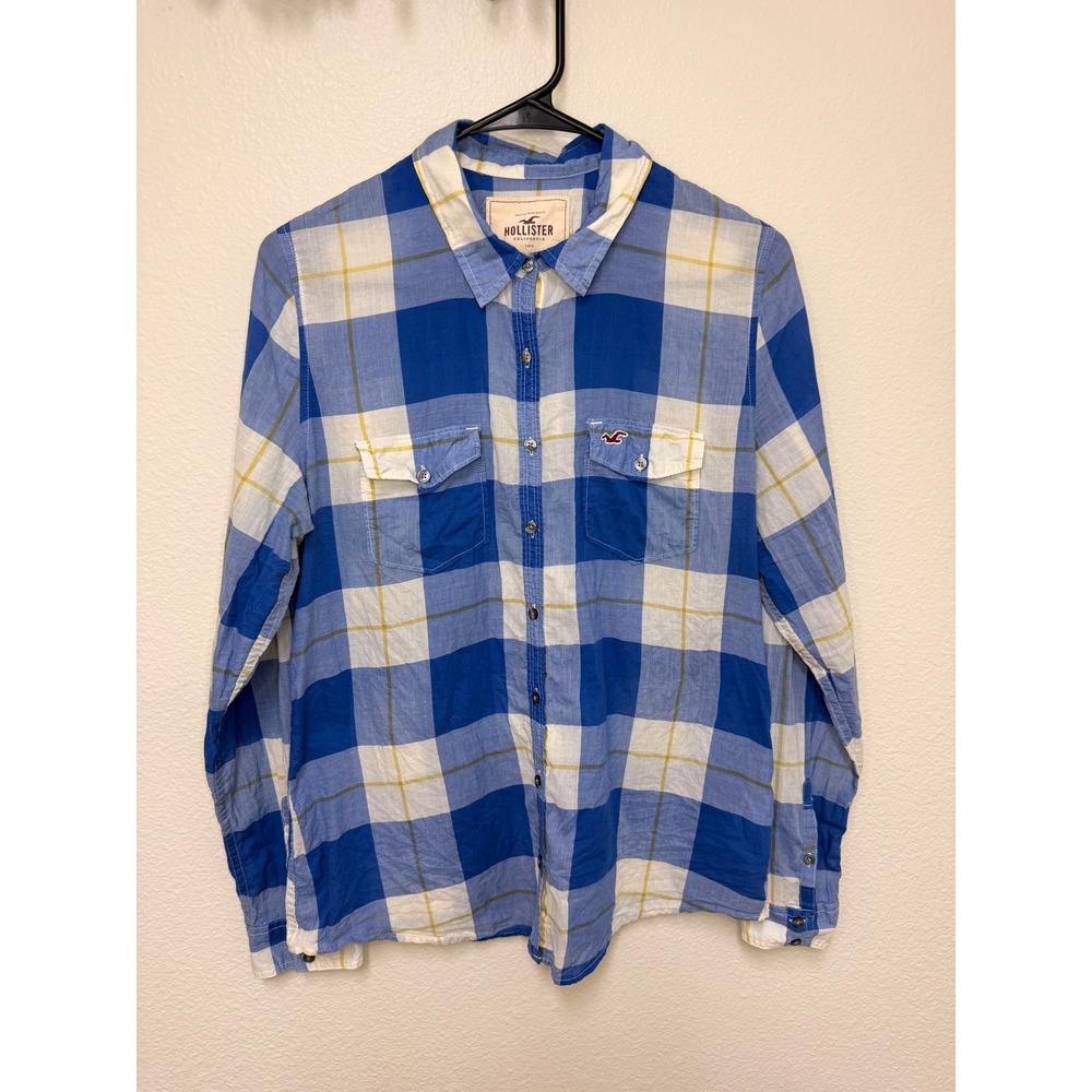 Hollister Blue, White and Yellow Plaid Button-Down Blouse